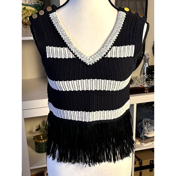 Club Monaco Navy & White Striped Knit Tank Top Fringe Sz XS Gold Buttons Trendy - Picture 11 of 14